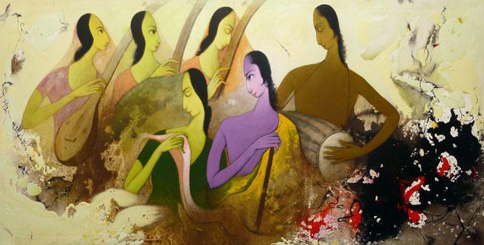 Figurative acrylic painting titled 'Musicians', 36x72 inches, by artist Giram Eknath on Canvas