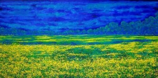 Nature oil painting titled 'Mustard Fields', 36x72 inches, by artist Pardeep Singh on Canvas