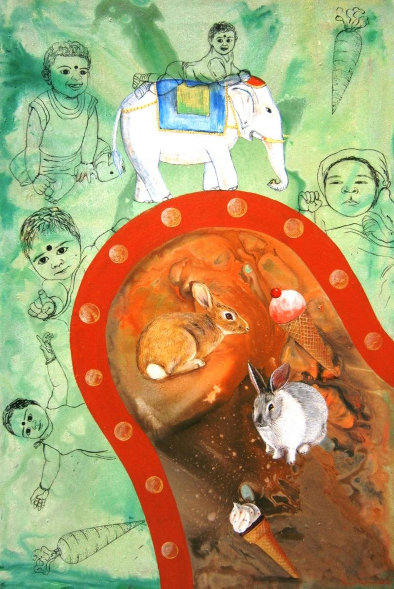 Figurative acrylic painting titled 'My Dream', 36x24 inches, by artist Raghavendar Angali on Canvas