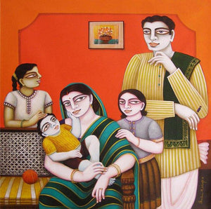 Figurative oil painting titled 'My Family', 36x36 inches, by artist Gautam Mukherjee on Canvas