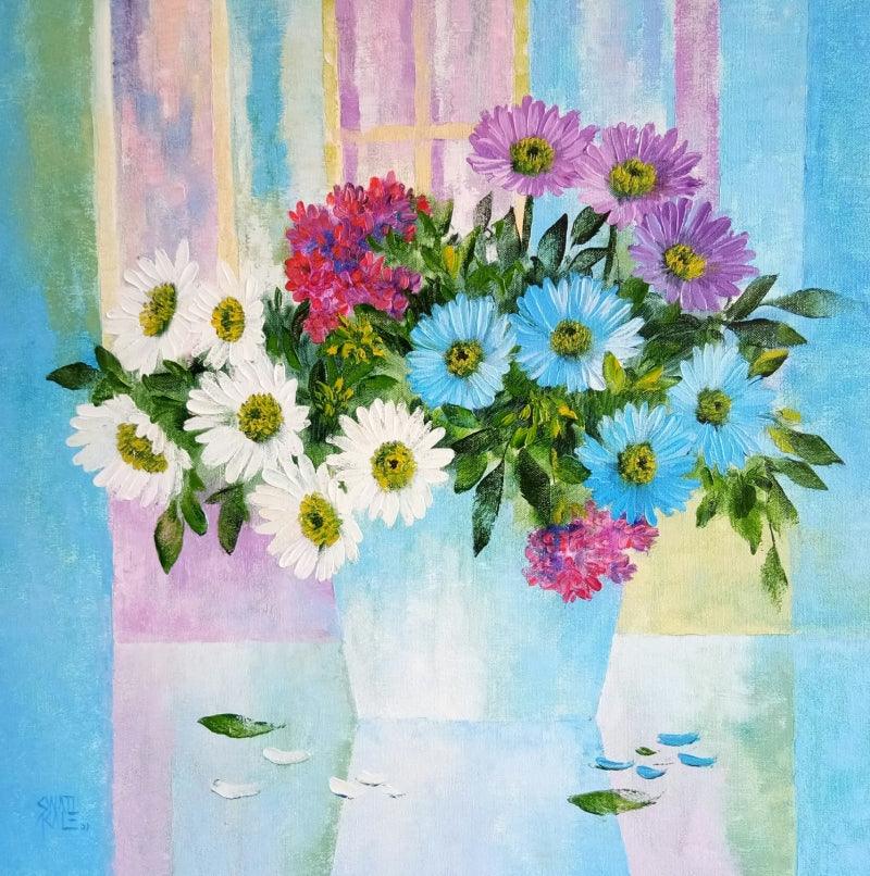 Nature oil painting titled 'My Flowers', 24x24 inches, by artist Swati Kale on Canvas