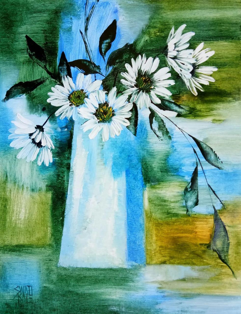 Nature oil painting titled 'My Flowers', 18x14 inches, by artist Swati Kale on Canvas