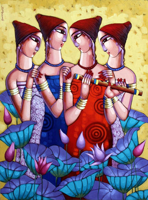Religious acrylic painting titled 'My Friends', 48x36 inches, by artist Sekhar Roy on Canvas