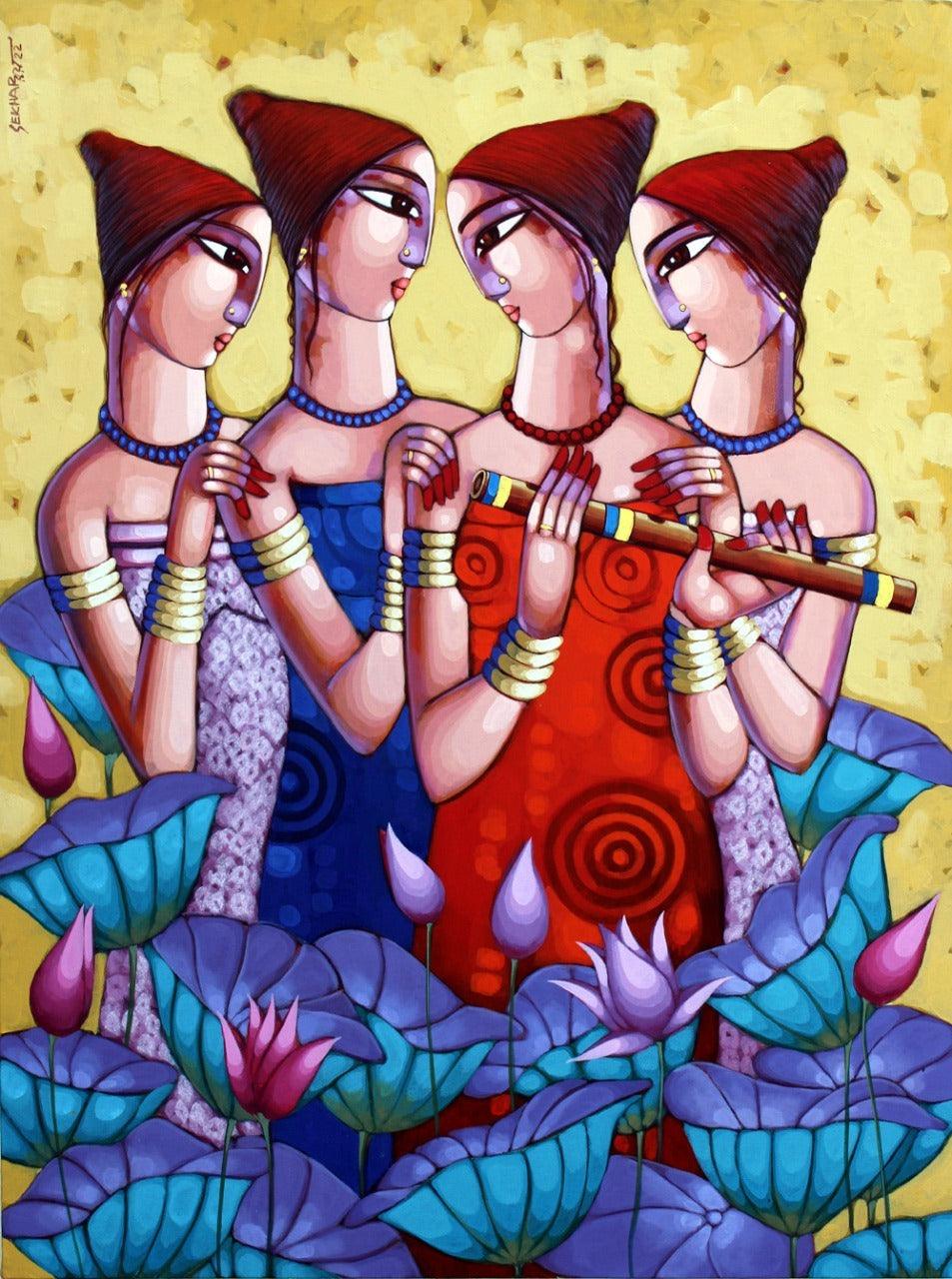 Religious acrylic painting titled 'My Friends', 48x36 inches, by artist Sekhar Roy on Canvas