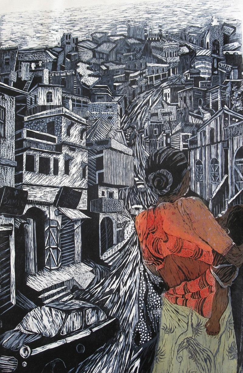 Figurative printmaking titled 'My Grandmother', 72x48 inches, by artist Biswajit Roy on Paper