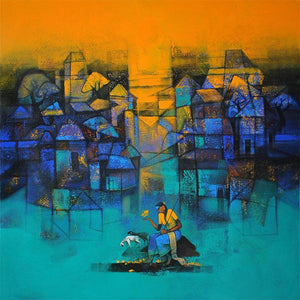 Cityscape acrylic painting titled 'My Village', 36x36 inches, by artist Sachin Akalekar on Canvas