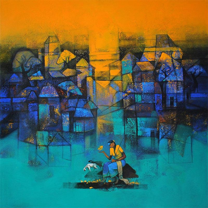 Cityscape acrylic painting titled 'My Village', 36x36 inches, by artist Sachin Akalekar on Canvas
