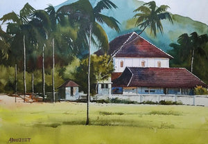 Landscape watercolor painting titled 'My Village', 14x20 inches, by artist Abhijeet Bahadure on Paper
