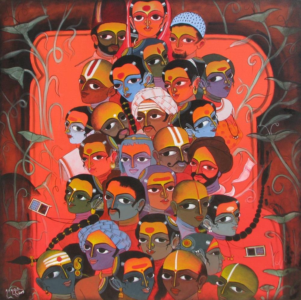 Figurative acrylic painting titled 'My Village', 59x59 inches, by artist KV Kale on Canvas