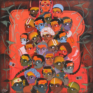 Figurative acrylic painting titled 'My Village', 59x59 inches, by artist KV Kale on Canvas