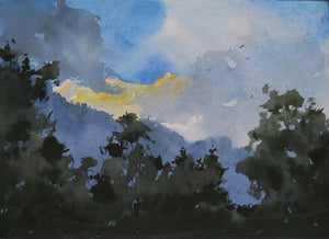 My Village (Misty Morning) by Sharad Tawade, Original Watercolor Nature Painting on Paper, X-Small Horizontal Wall Art