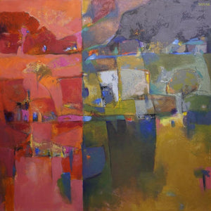 My Village (Divided Landscape) by Sardar Jadhav, Original Acrylic Abstract Painting on Canvas, Medium Square Wall Art