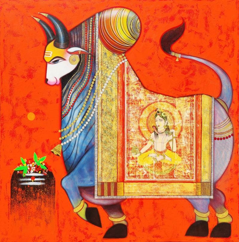 Religious acrylic painting titled 'Nandi 1', 48x48 inches, by artist Ashok Rathod on Canvas