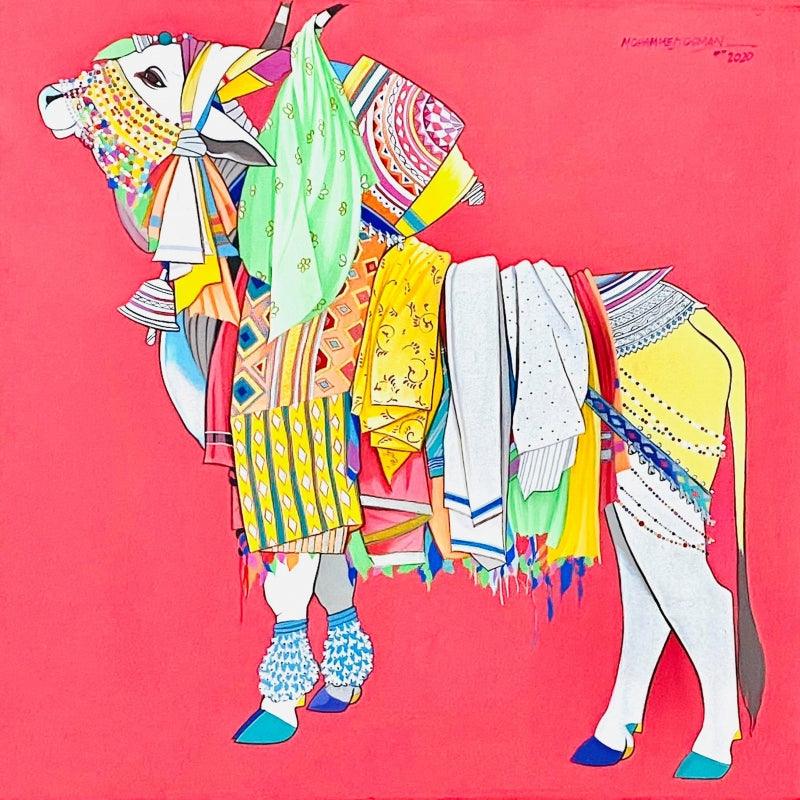 Religious acrylic painting titled 'Nandi 4', 18x18 inches, by artist Mohammed Osman on Canvas