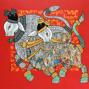Animals acrylic painting titled 'Nandi 65', 36x36 inches, by artist Vivek Kumavat on Canvas