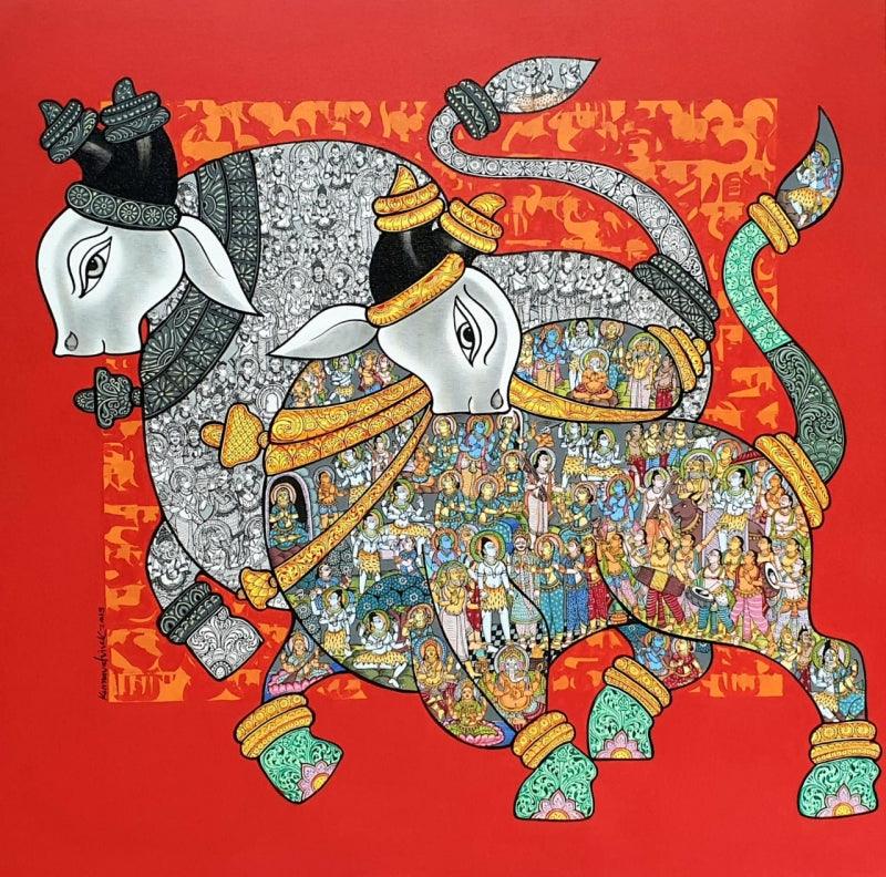 Animals acrylic painting titled 'Nandi 65', 36x36 inches, by artist Vivek Kumavat on Canvas