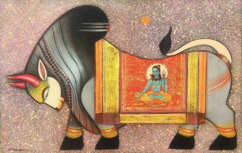 Religious acrylic painting titled 'Nandi', 24x36 inches, by artist Ashok Rathod on Canvas