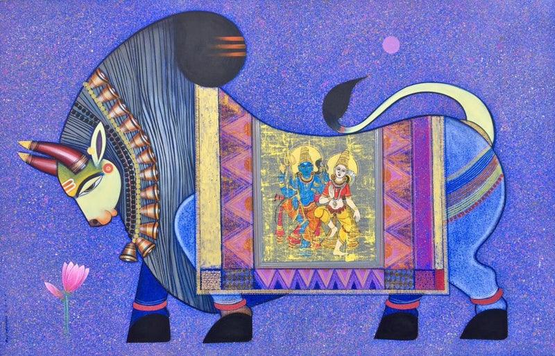 Religious acrylic painting titled 'Nandikeshvara', 44x68 inches, by artist Ashok Rathod on Canvas