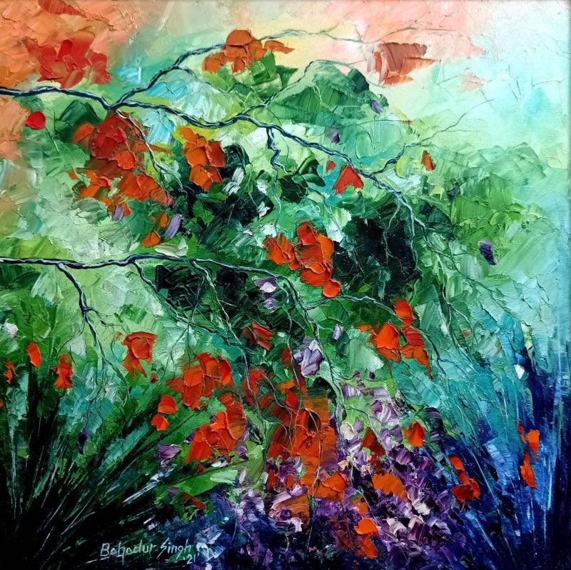 Nature oil painting titled 'Nature 1', 39x39 inches, by artist Bahadur Singh on Canvas
