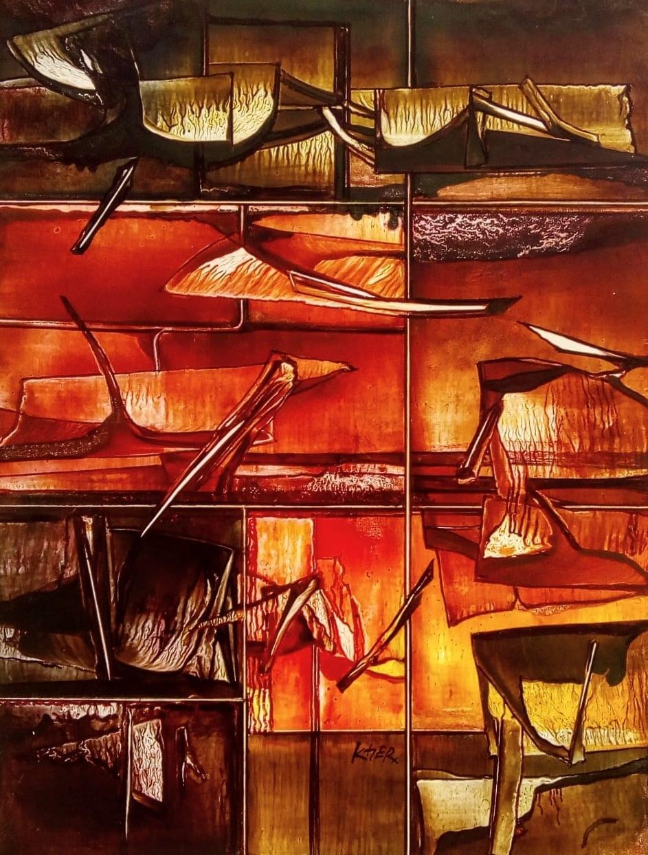 Abstract mixed media painting titled 'Nature 9', 24x18 inches, by artist Ramesh Kher on Paper