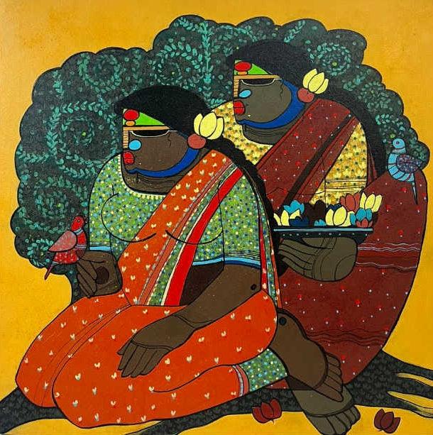 Figurative acrylic painting titled 'Nature', 24x24 inches, by artist Priyanka Chivte on Canvas