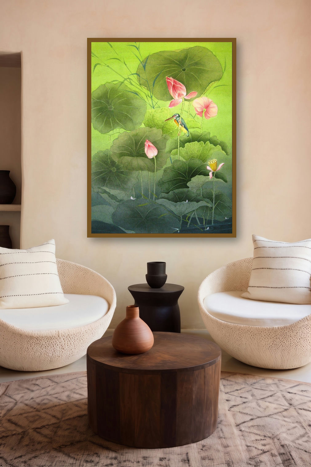 Nature (Lotus Pond Serenity) by artist Rina Roy displayed in a Museum Style gallery