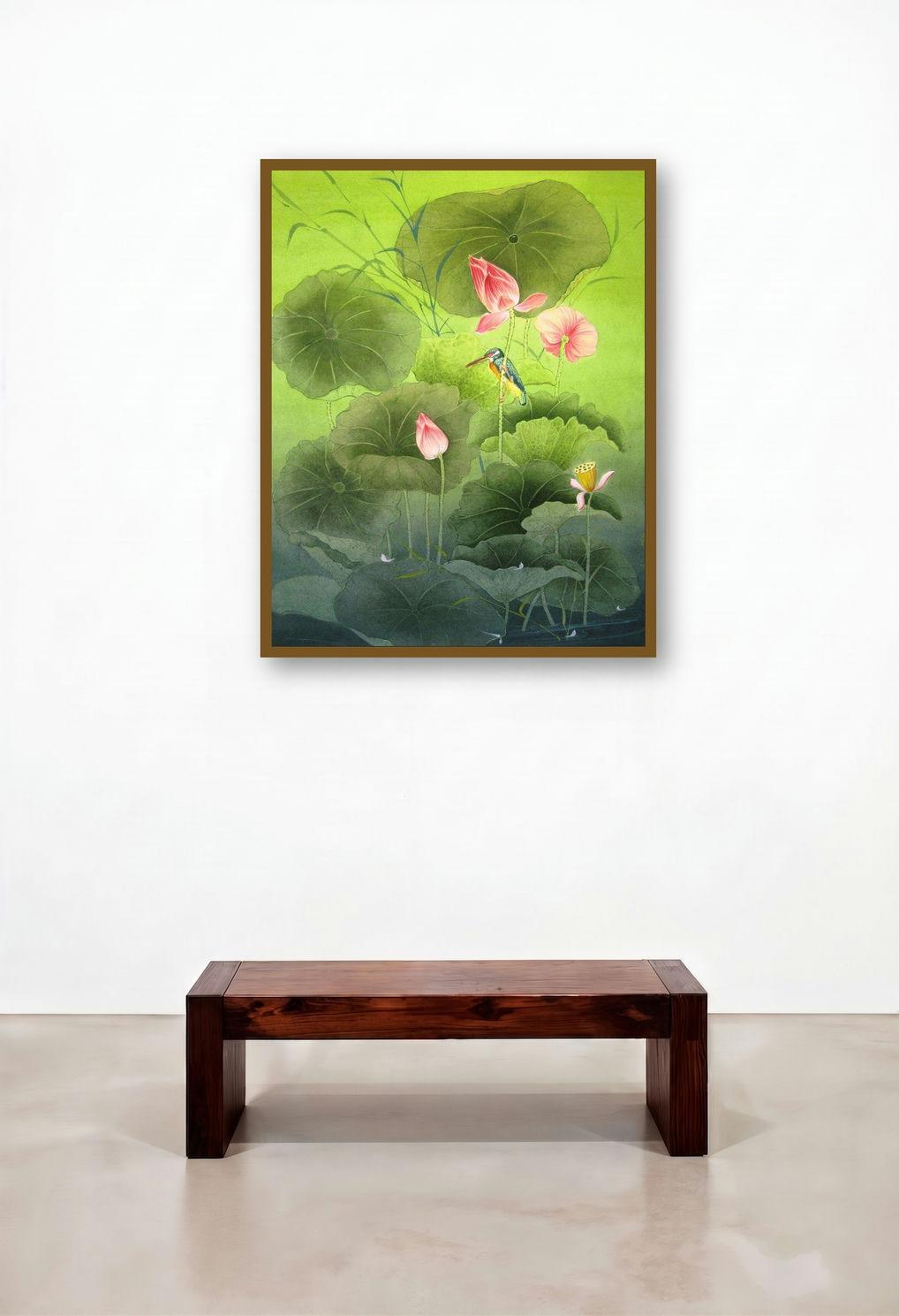 Nature (Lotus Pond Serenity) by artist Rina Roy displayed in a Modern Dining Room