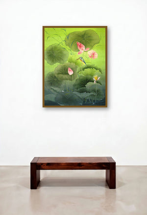 Nature (Lotus Pond Serenity) by artist Rina Roy displayed in a Modern Dining Room