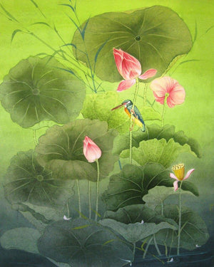 Nature (Lotus Pond Serenity) by Rina Roy, Original Watercolor Figurative Painting on Paper, Small Vertical Wall Art