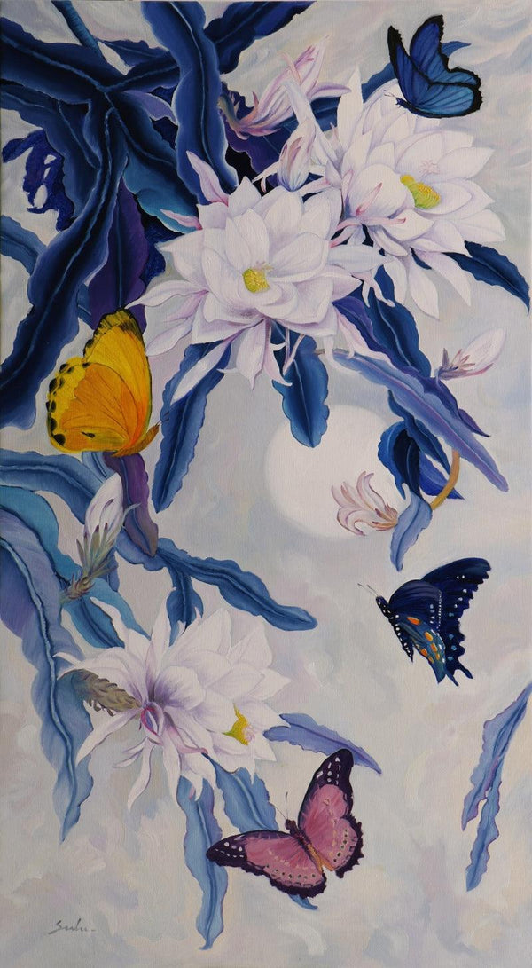 Night Bloom With Butterflies Painting by Sulakshana Dharmadhikari | ArtZolo.com