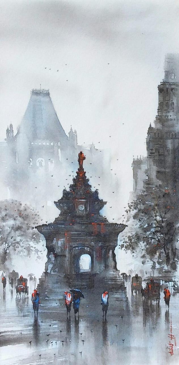 Cityscape acrylic painting titled 'Old Bombay', 36x18 inches, by artist Ashif Hossain on Canvas