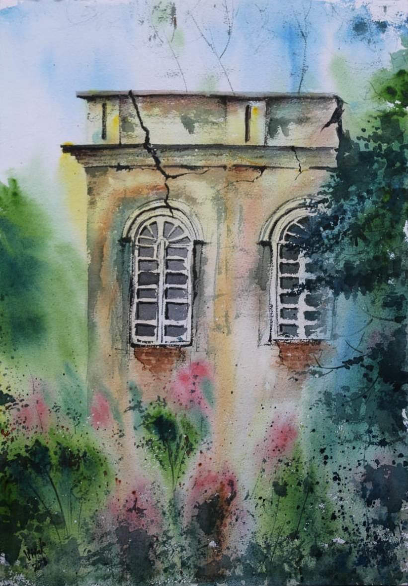 Cityscape watercolor painting titled 'Old Building', 14x20 inches, by artist Vivekanand Viswam on Paper