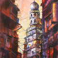 Landscape watercolor painting titled 'Old City', 10x20 inches, by artist Sadek Ahmed on Paper