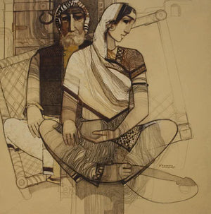 Figurative acrylic painting titled 'Old Couple', 48x48 inches, by artist Siddharth Shingade on Canvas