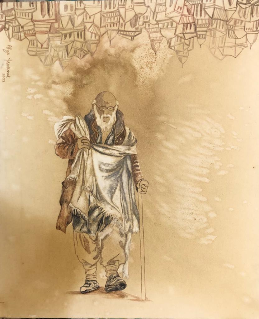 Figurative coffee & watercolor painting titled 'Old Man', 24x20 inches, by artist Afza Tamkanat on Canvas