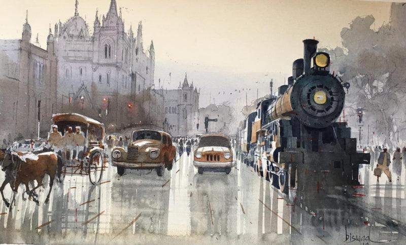 Fantasy watercolor painting titled 'Old Mumbai', 22x30 inches, by artist Bijay Biswaal on Paper