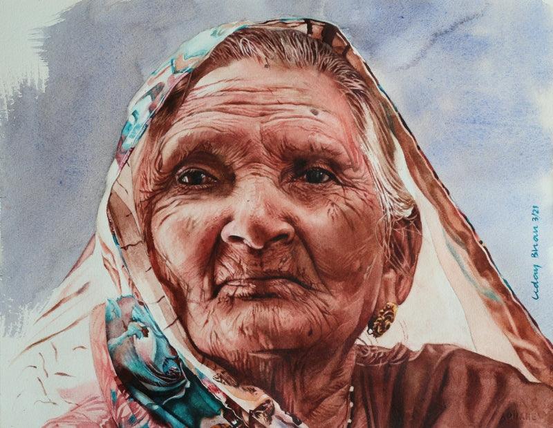 Portrait watercolor painting titled 'Old lady', 11x15 inches, by artist Dr Uday Bhan on Paper