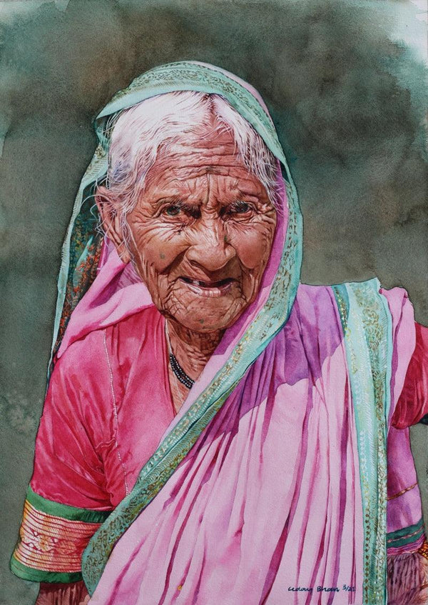 Old Lady In Pink Sari Painting by Dr Uday Bhan | ArtZolo.com