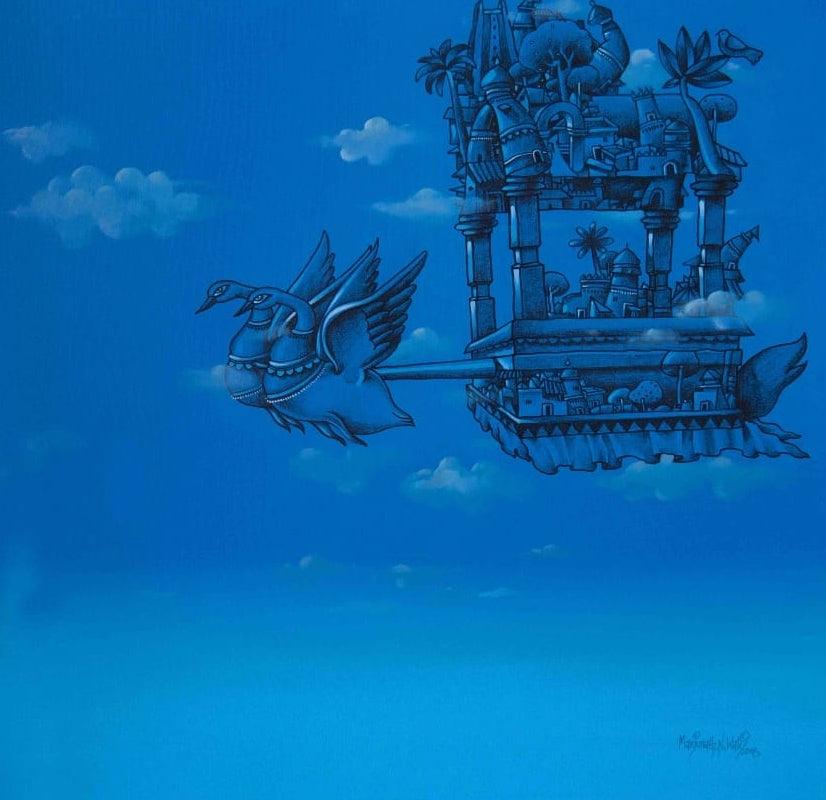 contemporary mixed media painting titled 'Once Upon A Time', 30x30 inches, by artist Manjunath Wali on Canvas