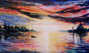 Overcast Sky (Sunset Cityscape) by Kiran Bableshwar, Original Oil Impressionist Painting on Canvas, Small Horizontal Wall Art