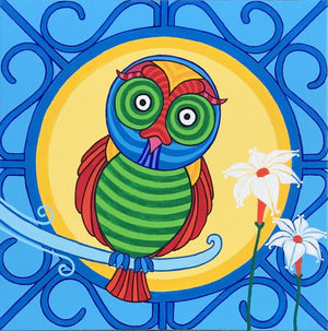 Animals acrylic painting titled 'Owl 2', 12x12 inches, by artist Thota Laxminarayana on Canvas