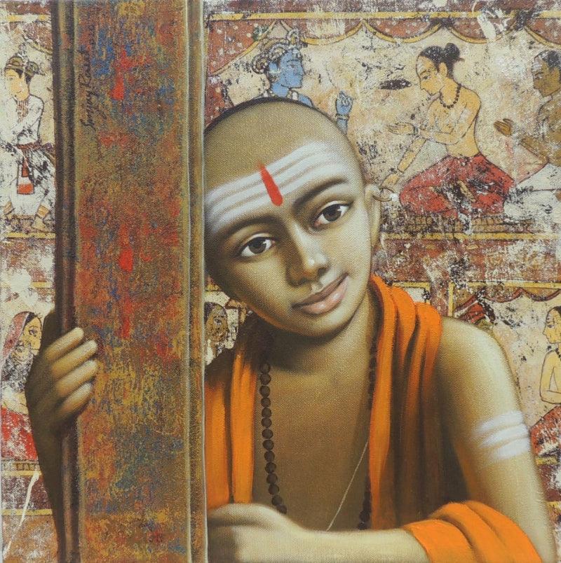 Religious acrylic painting titled 'Pandit 1', 12x12 inches, by artist Sanjay Raut on Canvas