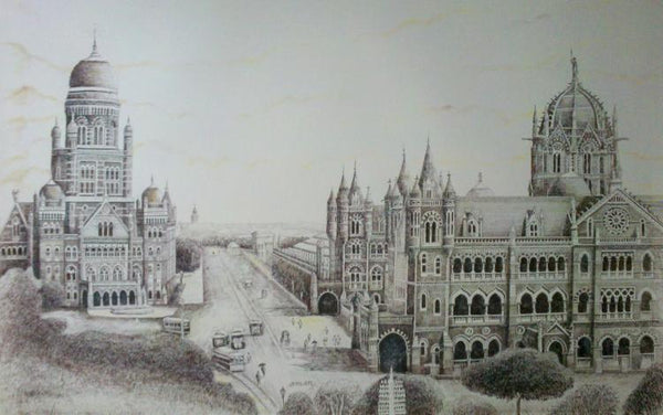 Panorama View Of Bombay Bmc Building & Victoria Terminus (Vt) Drawing by Aman A | ArtZolo.com