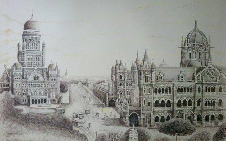 Panorama View Of Bombay Bmc Building & Victoria Terminus (Vt) Drawing by Aman A | ArtZolo.com