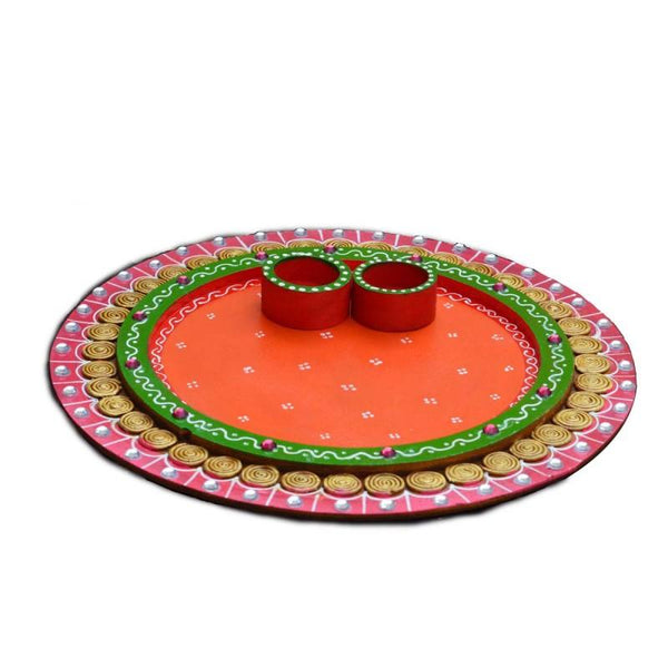 Papier Mache Pink And Orange Pooja Thali Handicraft by E Craft | ArtZolo.com