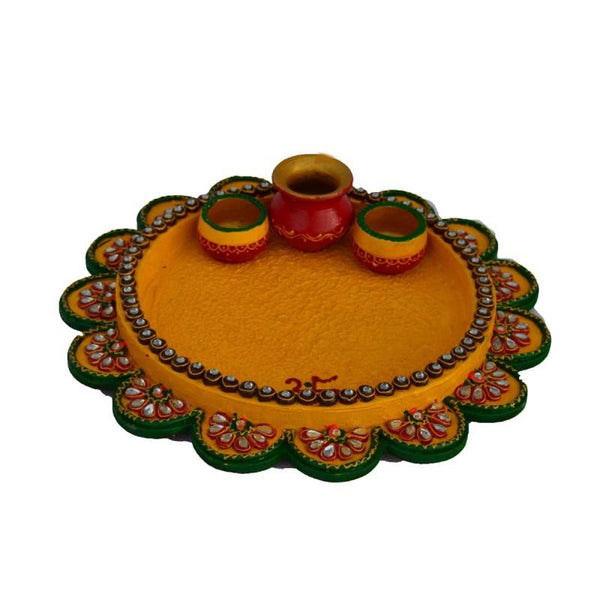 Papier Mache Yellow Pooja Thali Handicraft by E Craft | ArtZolo.com