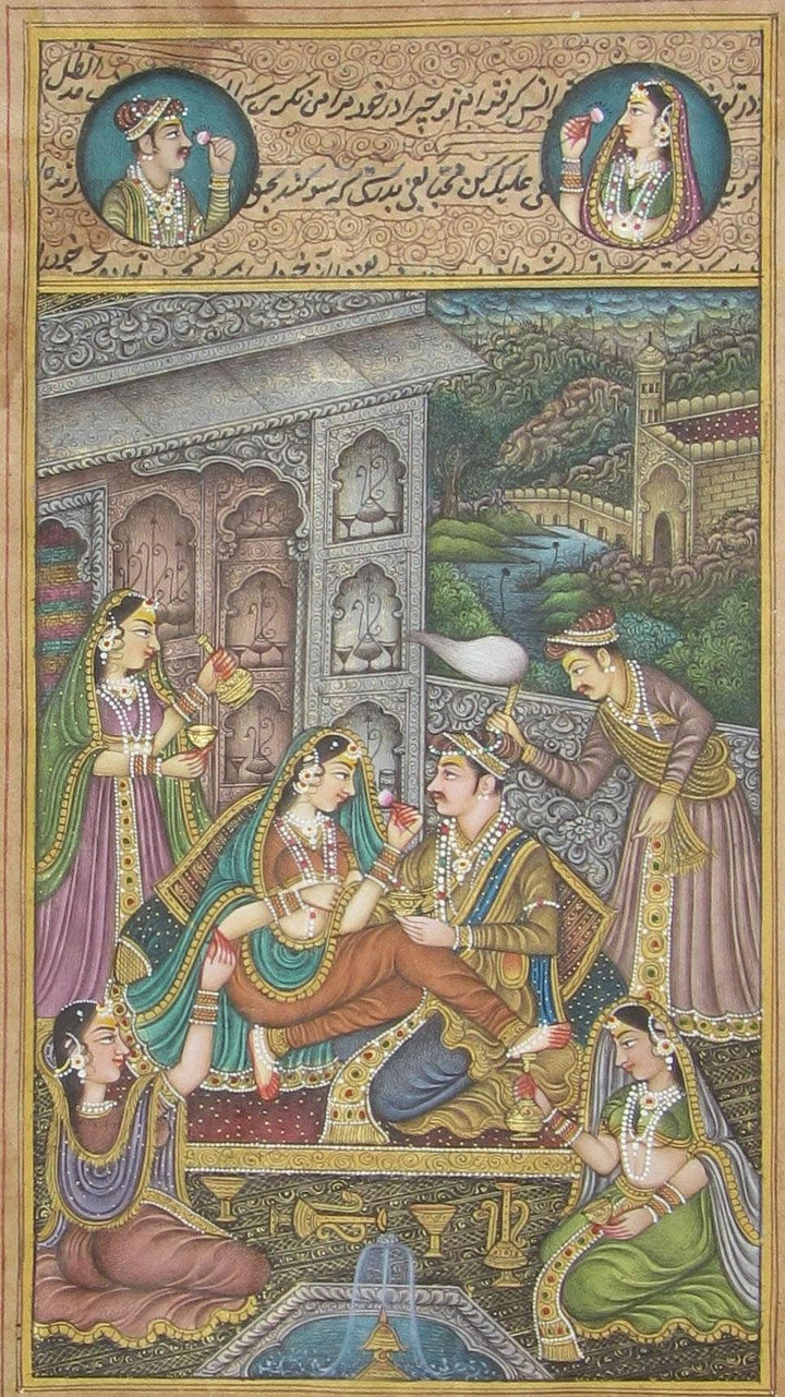 Passionate Mughal Love Scene Traditional Art by Unknown | ArtZolo.com