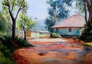Landscape watercolor painting titled 'Peaceful Shadow', 14x20 inches, by artist Abhijeet Bahadure on Paper