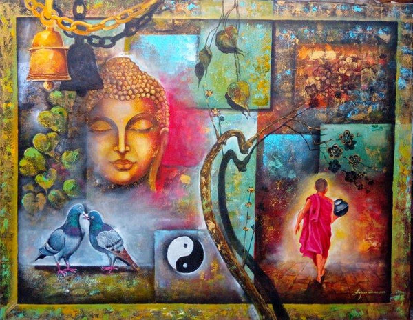 Peaceful Buddha And Monk Painting by Arjun Das | ArtZolo.com
