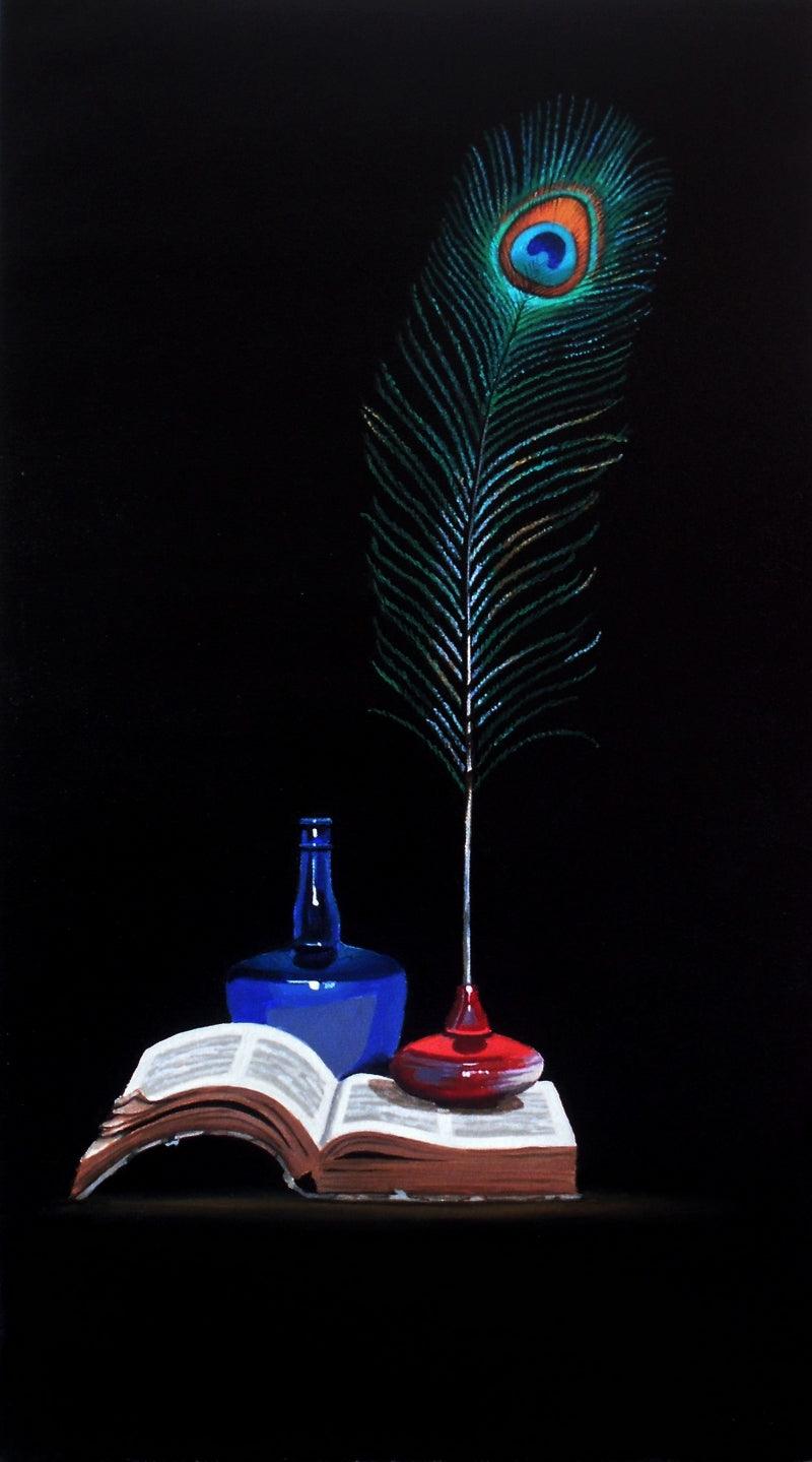 Still-life acrylic painting titled 'Peacock Feather', 30x16 inches, by artist Parimal Vaghela on Canvas